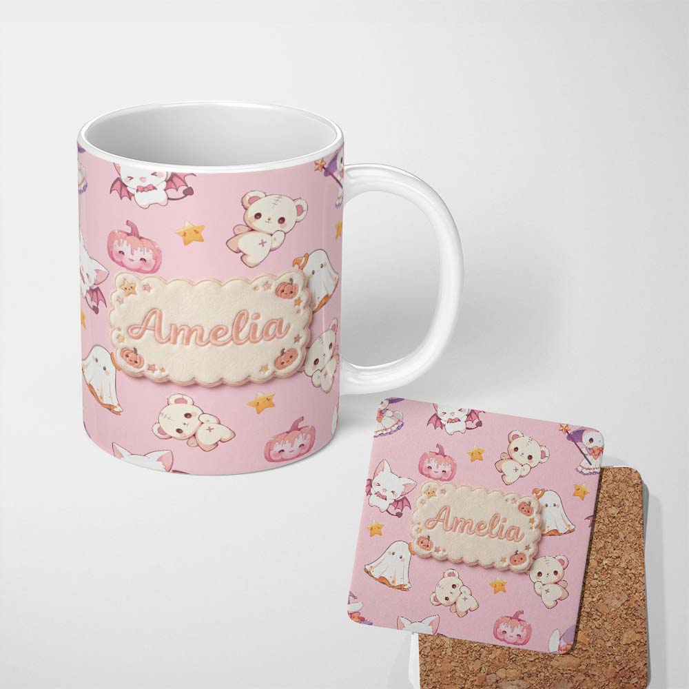 Personalized Custom Name Cute Halloween Bunny Witch Teddy Pumpkin Seamless Pattern Blush 11oz Ceramic Coffee Tea Mug White Large Handle