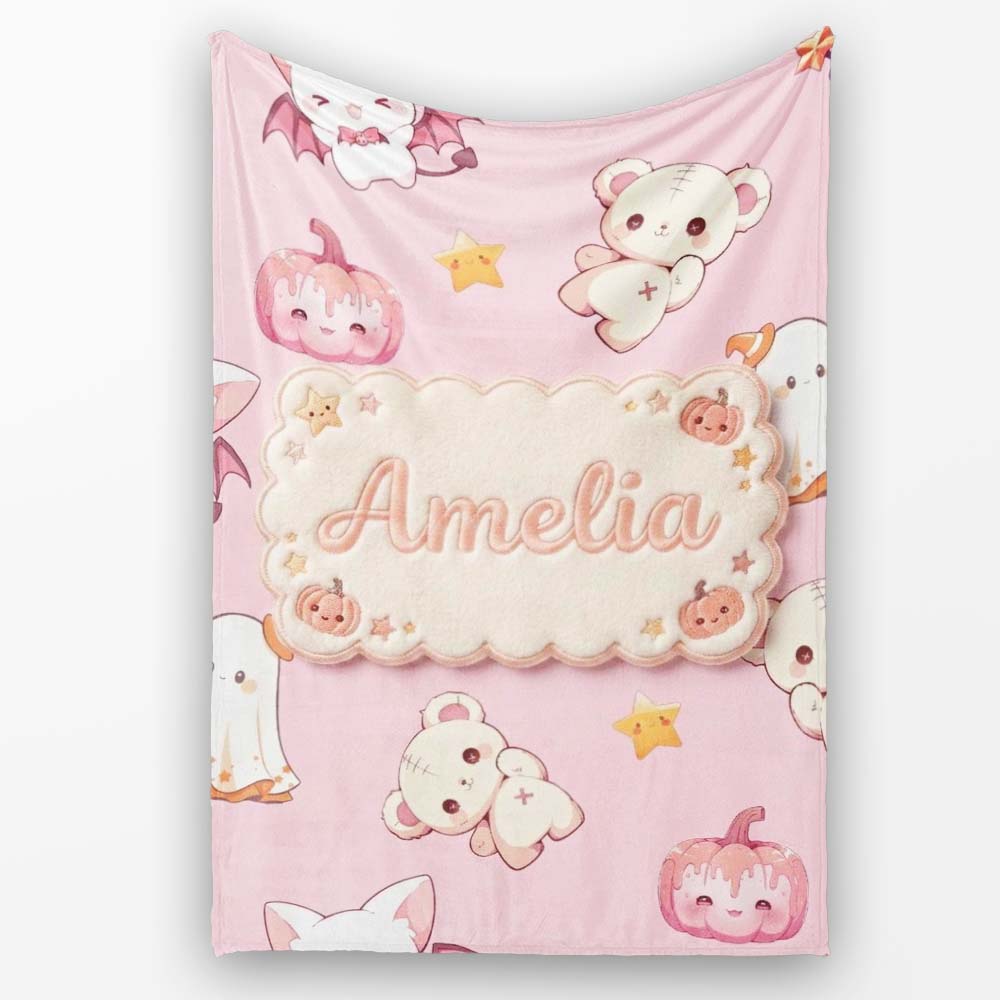 Cute Halloween Bunny Witch Teddy Pumpkin Seamless Pattern Blush  Personalised Custom Name Super Soft Fleece Blanket Bed Sofa Throw