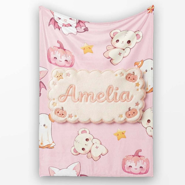 Cute Halloween Bunny Witch Teddy Pumpkin Seamless Pattern Blush  Personalised Custom Name Super Soft Fleece Blanket Bed Sofa Throw