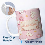 Personalized Custom Name Cute Halloween Bunny Witch Teddy Pumpkin Seamless Pattern Blush 11oz Ceramic Coffee Tea Mug White Large Handle