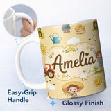 Personalized Custom Name Cute Farm Tractor Duck Girl with Clouds Beige Background Seamless 11oz Ceramic Coffee Tea Mug White Large Handle