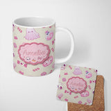 Personalized Custom Name Cute Halloween Bunny Candy Ghost Pumpkin Seamless Pattern Beige 11oz Ceramic Coffee Tea Mug White Large Handle