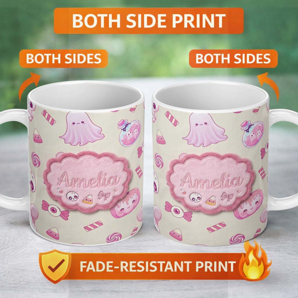Personalized Custom Name Cute Halloween Bunny Candy Ghost Pumpkin Seamless Pattern Beige 11oz Ceramic Coffee Tea Mug White Large Handle