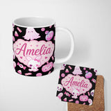 Personalized Custom Name Kawaii Halloween Bunny Ghost Candy Pumpkin Seamless Pattern Black 11oz Ceramic Coffee Tea Mug White Large Handle