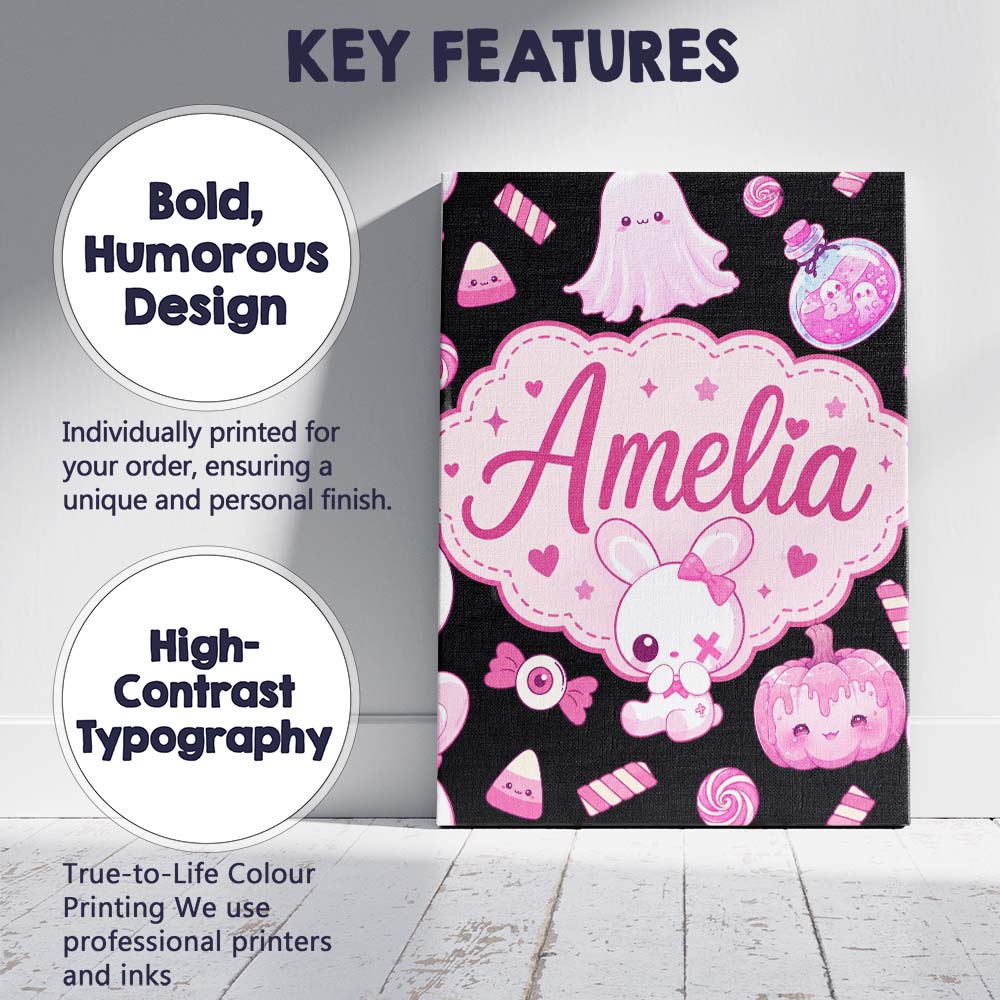 Personalised Name Kawaii Halloween Bunny Custom  Unique Gift Idea Elegant Feature Canvas Wall Art Print Decor Picture Ready to Hang