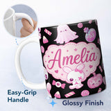Personalized Custom Name Kawaii Halloween Bunny Ghost Candy Pumpkin Seamless Pattern Black 11oz Ceramic Coffee Tea Mug White Large Handle