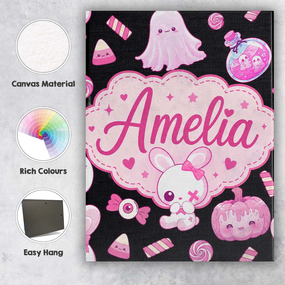 Personalised Name Kawaii Halloween Bunny Custom  Unique Gift Idea Elegant Feature Canvas Wall Art Print Decor Picture Ready to Hang