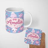 Personalized Custom Name Kawaii Halloween Bunny Ghost Candy Pumpkin Seamless Pattern Blue 11oz Ceramic Coffee Tea Mug White Large Handle