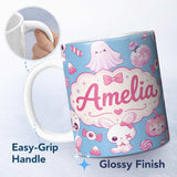 Personalized Custom Name Kawaii Halloween Bunny Ghost Candy Pumpkin Seamless Pattern Blue 11oz Ceramic Coffee Tea Mug White Large Handle