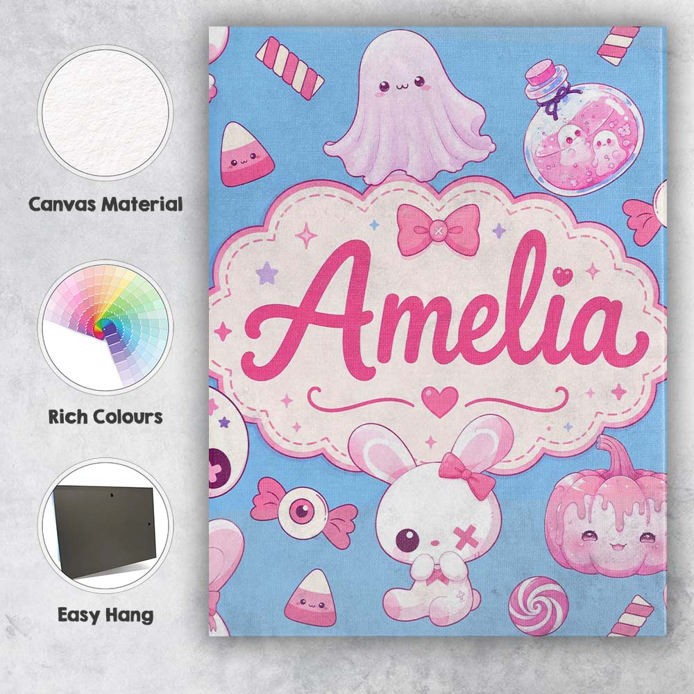 Personalised Name Kawaii Halloween Bunny Custom  Unique Gift Idea Elegant Feature Canvas Wall Art Print Decor Picture Ready to Hang