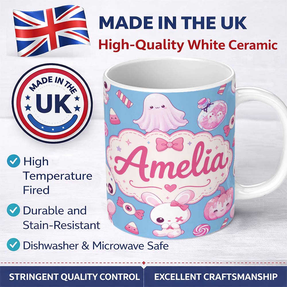 Personalized Custom Name Kawaii Halloween Bunny Ghost Candy Pumpkin Seamless Pattern Blue 11oz Ceramic Coffee Tea Mug White Large Handle