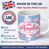 Personalized Custom Name Kawaii Halloween Bunny Ghost Candy Pumpkin Seamless Pattern Blue 11oz Ceramic Coffee Tea Mug White Large Handle
