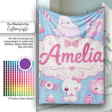 Kawaii Halloween Bunny Ghost Candy Pumpkin Seamless Pattern Blue  Personalised Custom Name Super Soft Fleece Blanket Bed Sofa Throw