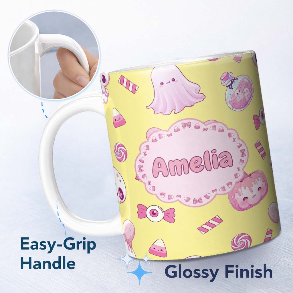 Personalized Custom Name Kawaii Halloween Bunny Ghost Candy Pumpkin Seamless Pattern Yellow 11oz Ceramic Coffee Tea Mug White Large Handle