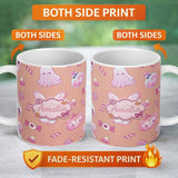 Personalized Custom Name Kawaii Halloween Bunny Ghost Candy Pumpkin Seamless Pattern Peach 11oz Ceramic Coffee Tea Mug White Large Handle