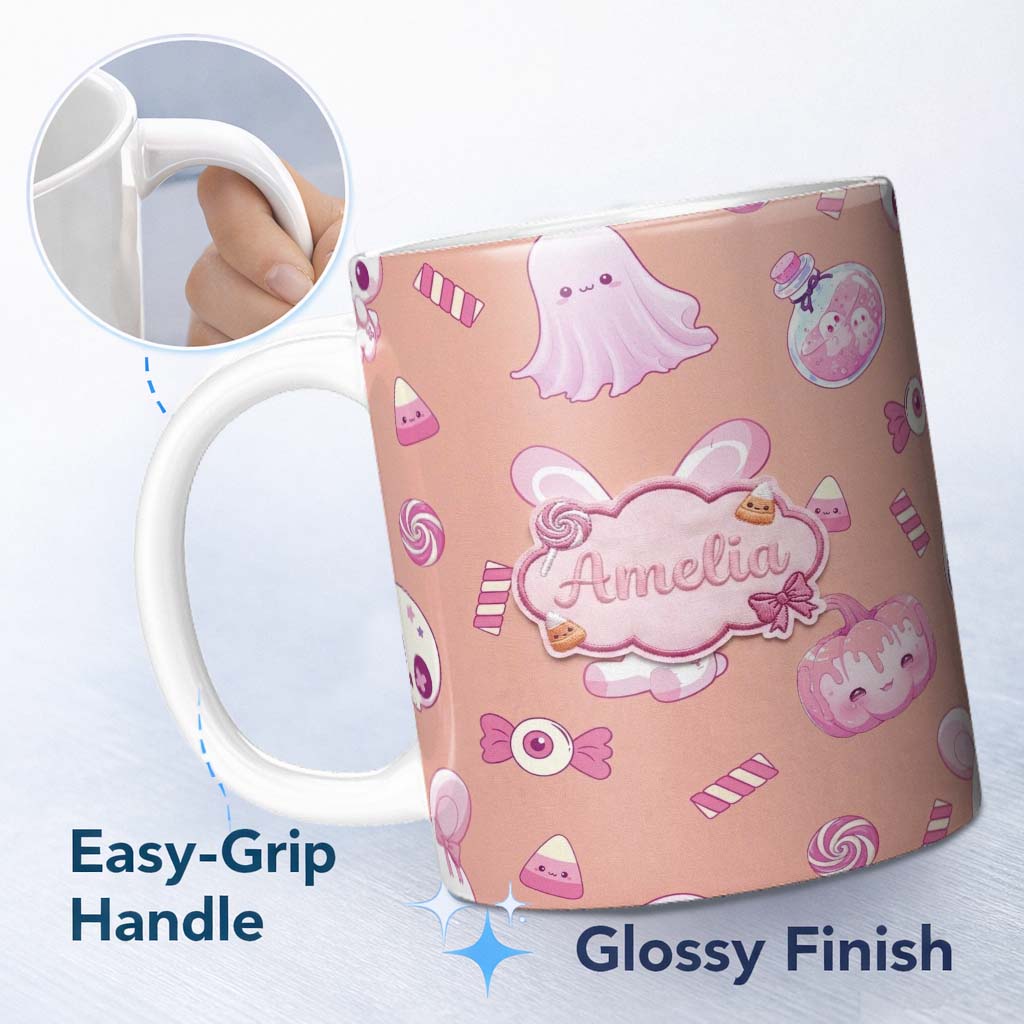 Personalized Custom Name Kawaii Halloween Bunny Ghost Candy Pumpkin Seamless Pattern Peach 11oz Ceramic Coffee Tea Mug White Large Handle