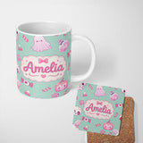 Personalized Custom Name Kawaii Halloween Bunny Ghost Candy Pumpkin Seamless Pattern Teal 11oz Ceramic Coffee Tea Mug White Large Handle