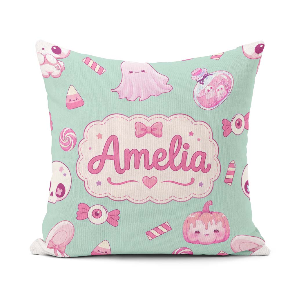 Custom Name Halloween Bunny Ghost Candy Pumpkin Seamless Pattern Square Filled Cushion Throw Pillow Sofa Bed Home Decor Zip Washable UK Made