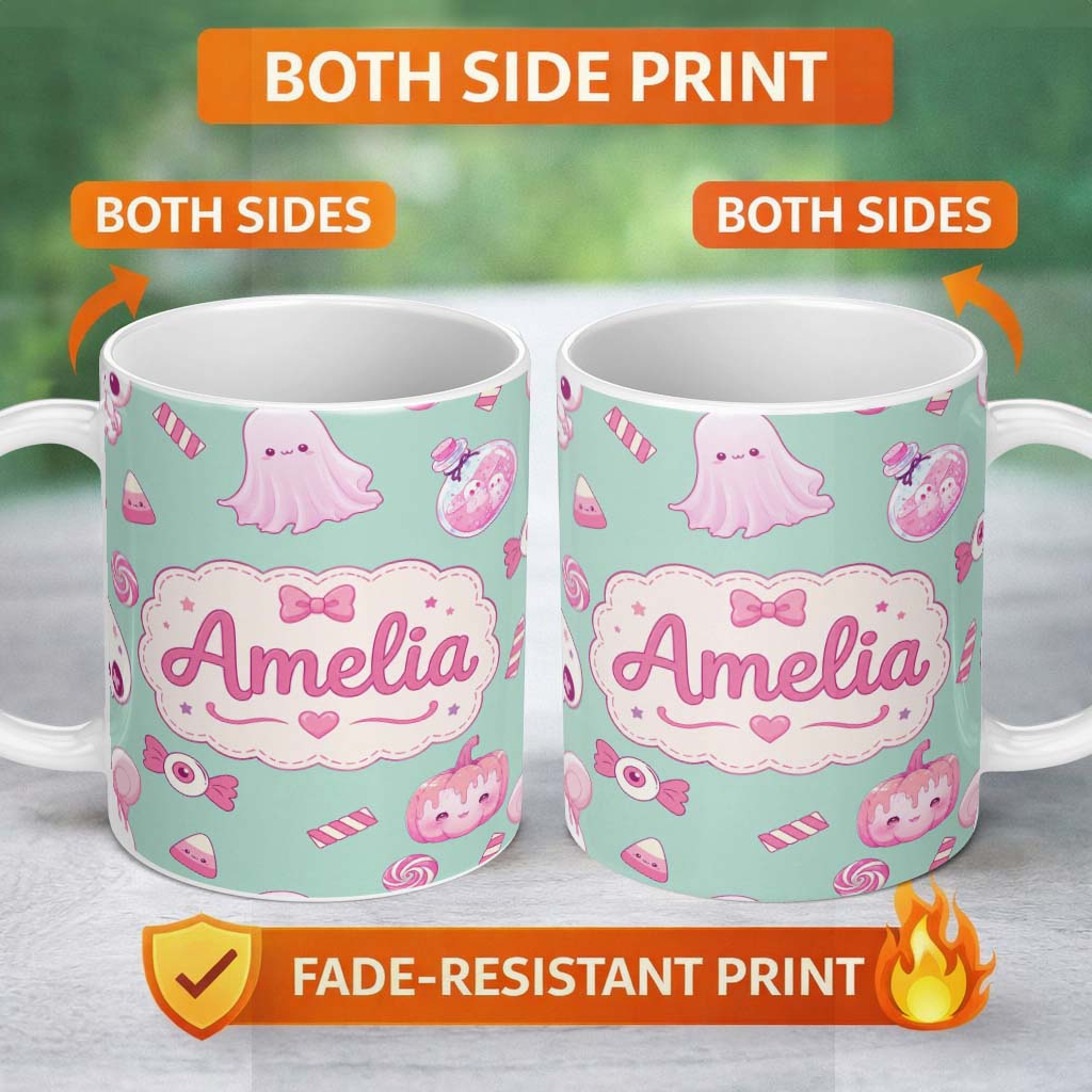 Personalized Custom Name Kawaii Halloween Bunny Ghost Candy Pumpkin Seamless Pattern Teal 11oz Ceramic Coffee Tea Mug White Large Handle