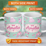 Personalized Custom Name Kawaii Halloween Bunny Ghost Candy Pumpkin Seamless Pattern Teal 11oz Ceramic Coffee Tea Mug White Large Handle