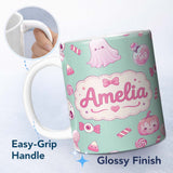 Personalized Custom Name Kawaii Halloween Bunny Ghost Candy Pumpkin Seamless Pattern Teal 11oz Ceramic Coffee Tea Mug White Large Handle