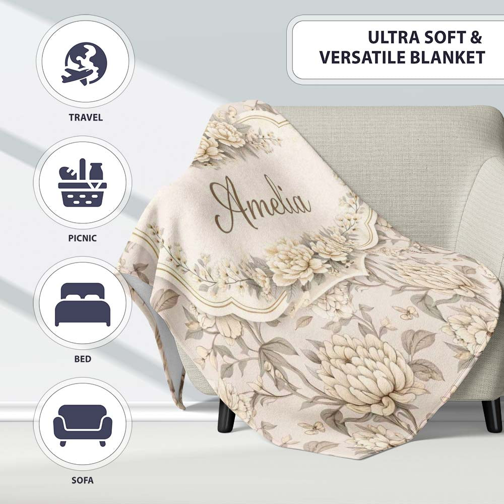 Neutral Beige Vintage Floral Botanical Seamless Pattern Lovely  Personalised Custom Name Super Soft Fleece Blanket Bed Sofa Throw