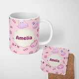 Personalized Custom Name Kawaii Halloween Bunny Ghost Candy Pumpkin Seamless Pattern Blush 11oz Ceramic Coffee Tea Mug White Large Handle