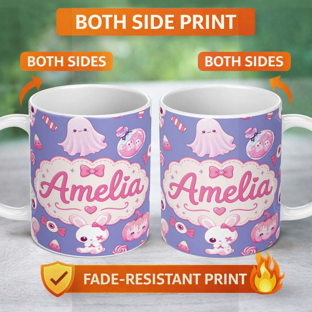 Personalized Custom Name Kawaii Halloween Bunny Ghost Candy Pumpkin Seamless Pattern Purple 11oz Ceramic Coffee Tea Mug White Large Handle
