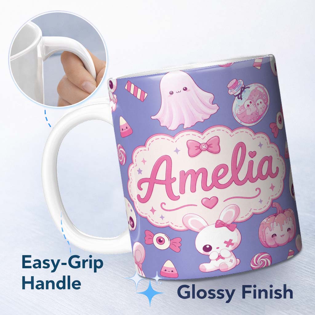 Personalized Custom Name Kawaii Halloween Bunny Ghost Candy Pumpkin Seamless Pattern Purple 11oz Ceramic Coffee Tea Mug White Large Handle