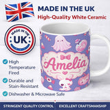 Personalized Custom Name Kawaii Halloween Bunny Ghost Candy Pumpkin Seamless Pattern Purple 11oz Ceramic Coffee Tea Mug White Large Handle