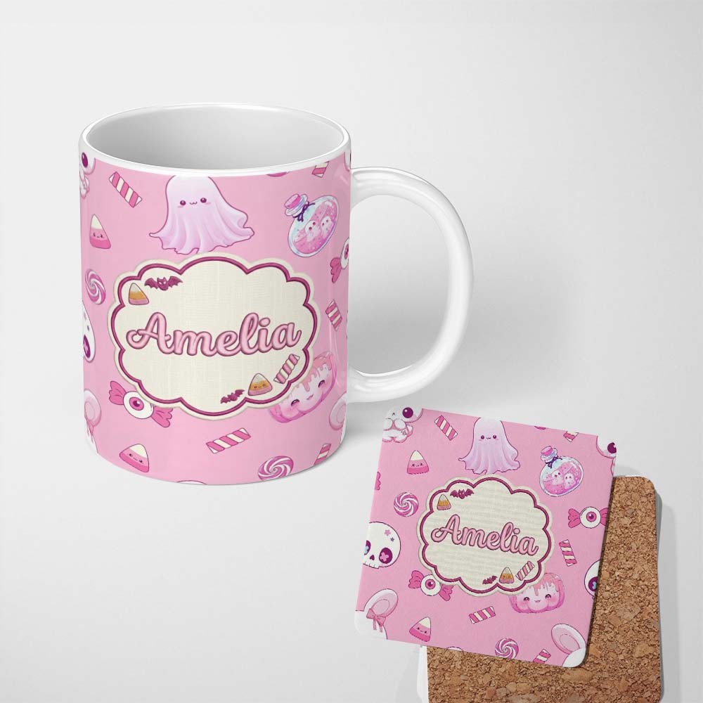 Personalized Custom Name Kawaii Halloween Bunny Ghost Candy Pumpkin Seamless Pattern Pink 11oz Ceramic Coffee Tea Mug White Large Handle