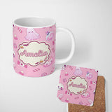 Personalized Custom Name Kawaii Halloween Bunny Ghost Candy Pumpkin Seamless Pattern Pink 11oz Ceramic Coffee Tea Mug White Large Handle