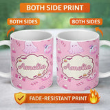 Personalized Custom Name Kawaii Halloween Bunny Ghost Candy Pumpkin Seamless Pattern Pink 11oz Ceramic Coffee Tea Mug White Large Handle
