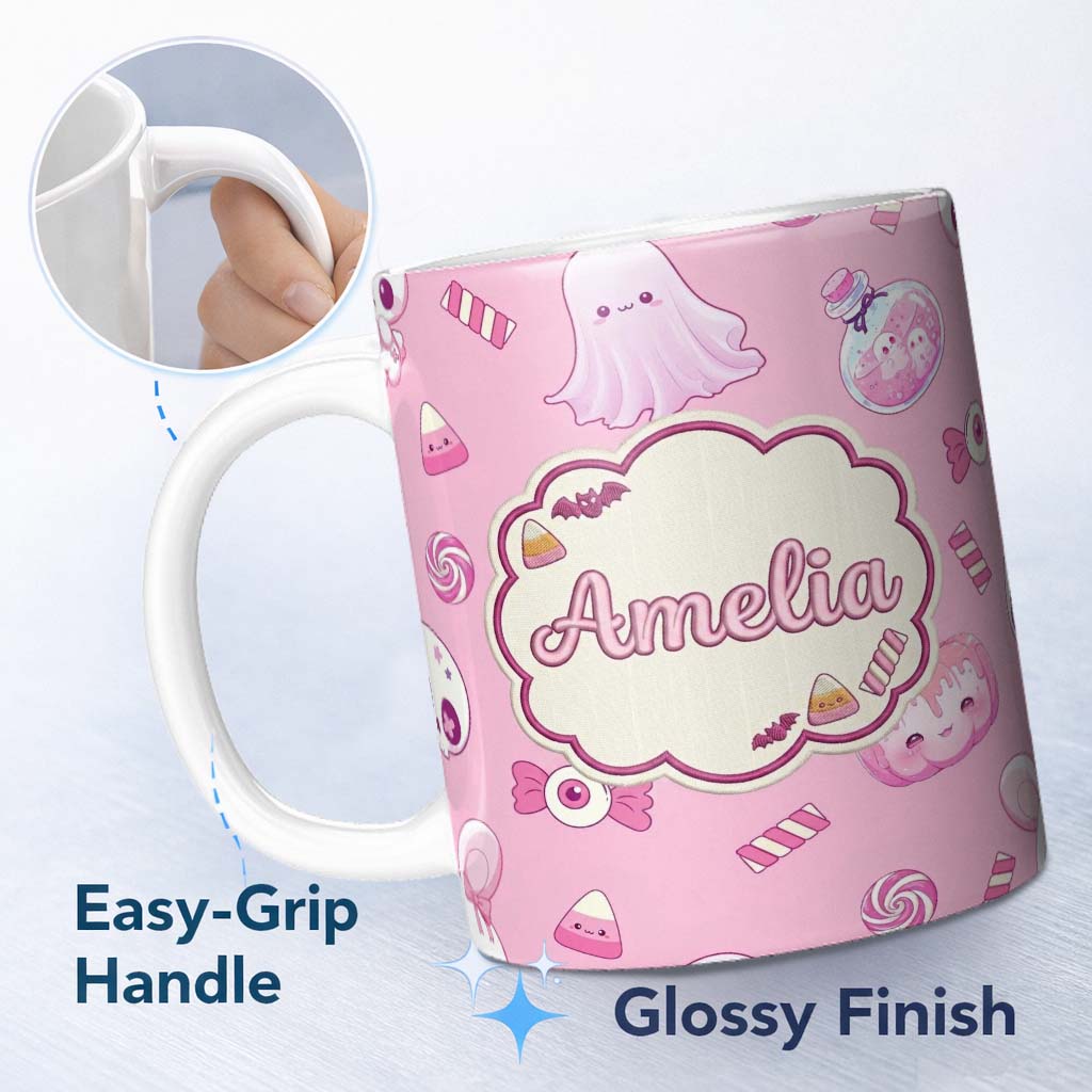 Personalized Custom Name Kawaii Halloween Bunny Ghost Candy Pumpkin Seamless Pattern Pink 11oz Ceramic Coffee Tea Mug White Large Handle