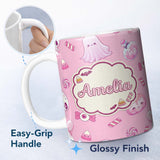 Personalized Custom Name Kawaii Halloween Bunny Ghost Candy Pumpkin Seamless Pattern Pink 11oz Ceramic Coffee Tea Mug White Large Handle