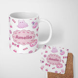 Personalized Custom Name Kawaii Halloween Bunny Ghost Candy Pumpkin Seamless Pattern Grey 11oz Ceramic Coffee Tea Mug White Large Handle