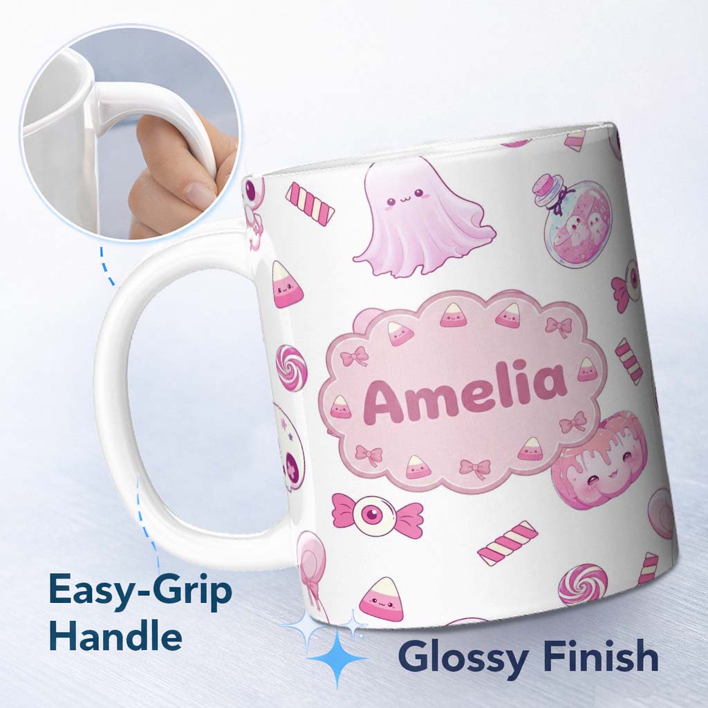 Personalized Custom Name Kawaii Halloween Bunny Ghost Candy Pumpkin Seamless Pattern Grey 11oz Ceramic Coffee Tea Mug White Large Handle