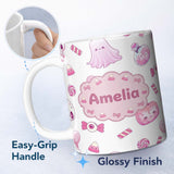 Personalized Custom Name Kawaii Halloween Bunny Ghost Candy Pumpkin Seamless Pattern Grey 11oz Ceramic Coffee Tea Mug White Large Handle