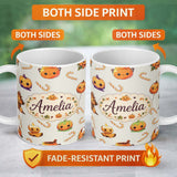 Personalized Custom Name Cute Kawaii Halloween Pumpkin Witch Candy Seamless Pattern Cream 11oz Ceramic Coffee Tea Mug White Large Handle