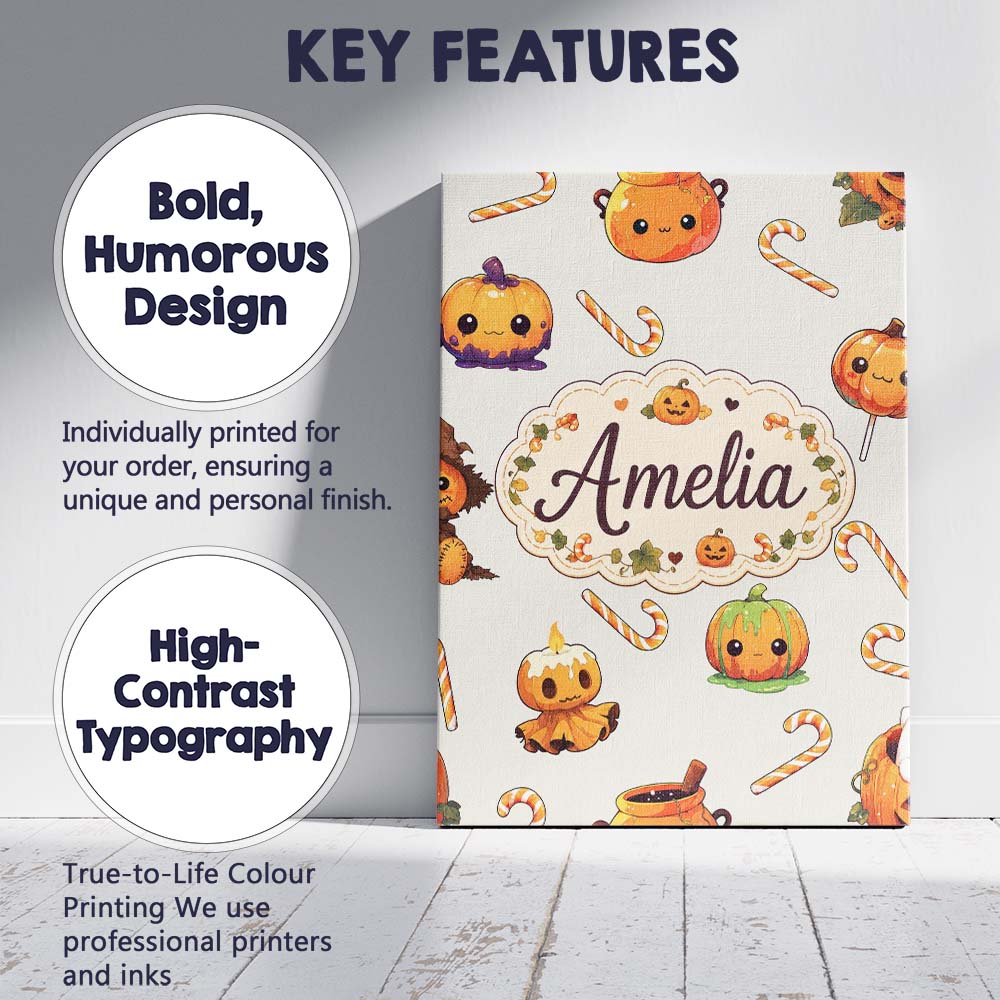 Personalised Name Cute Kawaii Halloween Custom  Modern Room Accent Elegant Feature Canvas Wall Art Print Decor Picture Ready to Hang