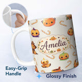 Personalized Custom Name Cute Kawaii Halloween Pumpkin Witch Candy Seamless Pattern Cream 11oz Ceramic Coffee Tea Mug White Large Handle