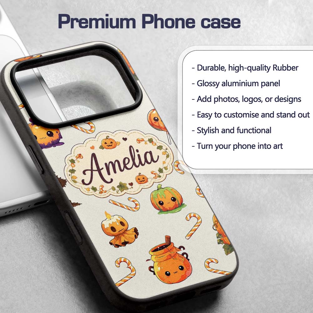 Cute Kawaii Halloween Pumpkin Printed Design Custom Name Protective Phone Case Mobile Cover Durable Everyday Smartphone Shock Resistant