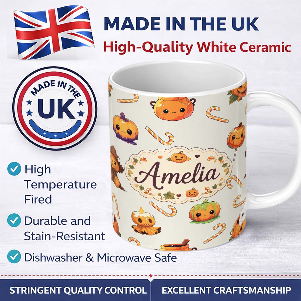 Personalized Custom Name Cute Kawaii Halloween Pumpkin Witch Candy Seamless Pattern Cream 11oz Ceramic Coffee Tea Mug White Large Handle