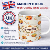 Personalized Custom Name Cute Kawaii Halloween Pumpkin Witch Candy Seamless Pattern Cream 11oz Ceramic Coffee Tea Mug White Large Handle