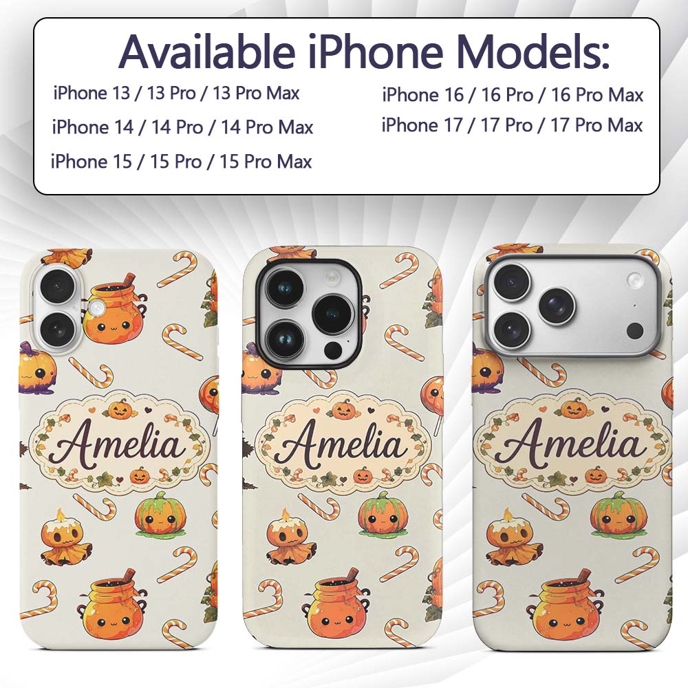 Cute Kawaii Halloween Pumpkin Printed Design Custom Name Protective Phone Case Mobile Cover Durable Everyday Smartphone Shock Resistant