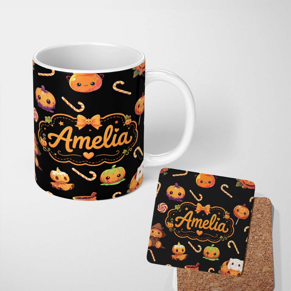 Personalized Custom Name Cute Kawaii Halloween Pumpkin Witch Candy Seamless Pattern Black 11oz Ceramic Coffee Tea Mug White Large Handle