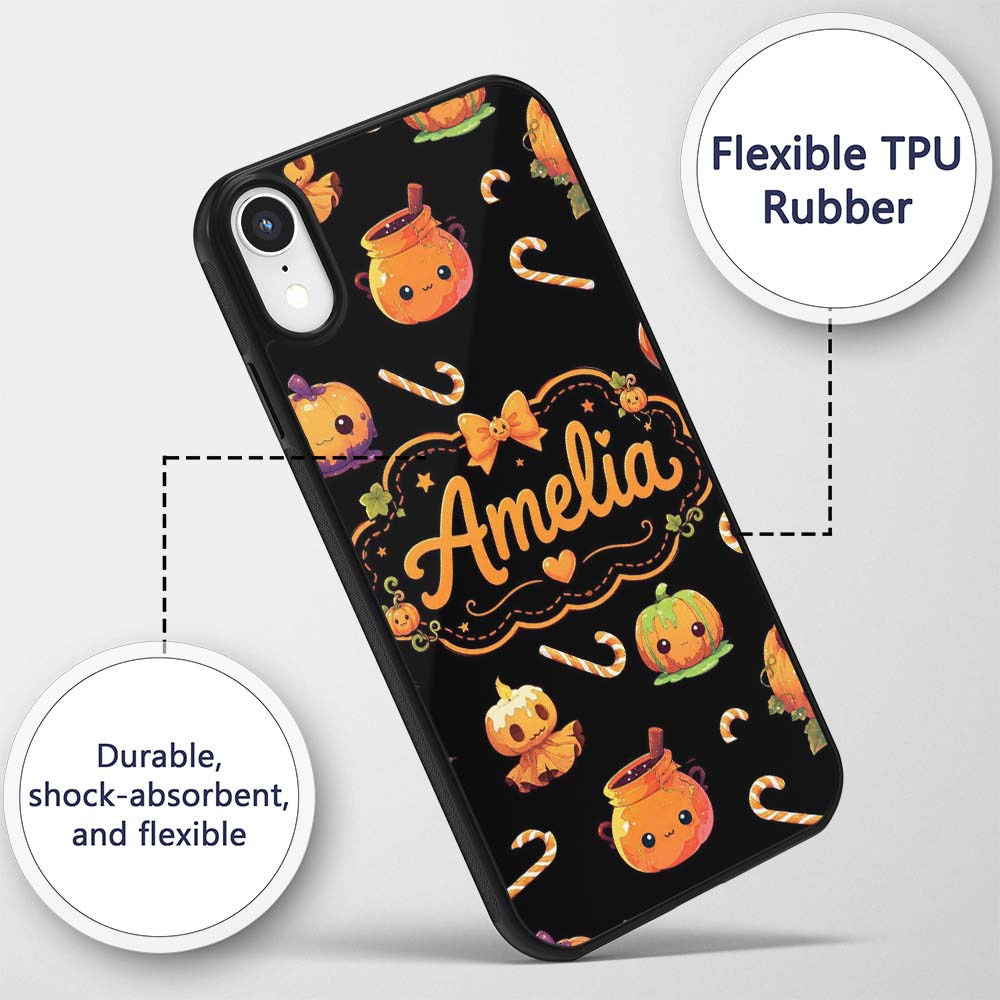 Cute Kawaii Halloween Pumpkin Printed Design Custom Name Protective Phone Case Mobile Cover Durable Everyday Smartphone Shock Resistant