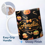 Personalized Custom Name Cute Kawaii Halloween Pumpkin Witch Candy Seamless Pattern Black 11oz Ceramic Coffee Tea Mug White Large Handle