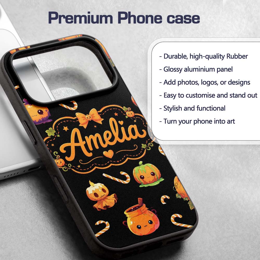 Cute Kawaii Halloween Pumpkin Printed Design Custom Name Protective Phone Case Mobile Cover Durable Everyday Smartphone Shock Resistant