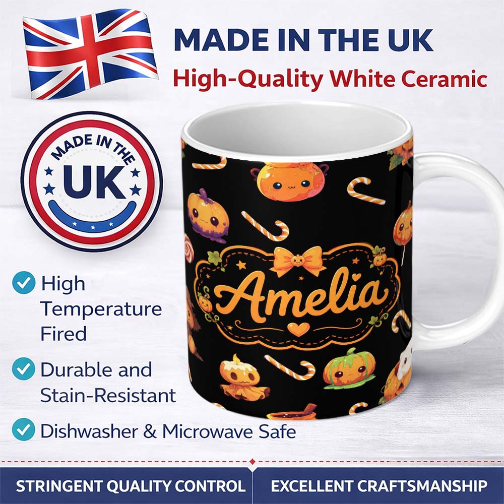 Personalized Custom Name Cute Kawaii Halloween Pumpkin Witch Candy Seamless Pattern Black 11oz Ceramic Coffee Tea Mug White Large Handle